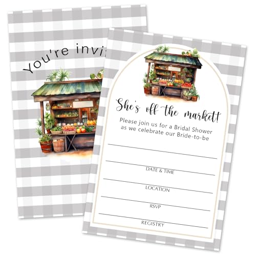 ZSHFMY Invitation de fête prénuptiale – She's Off The Market, 25 invitations de fête prénuptiale avec enveloppes pour Mr et Mrs Newlyweds, cartes d'invitation à remplir pour fiançailles, fête de