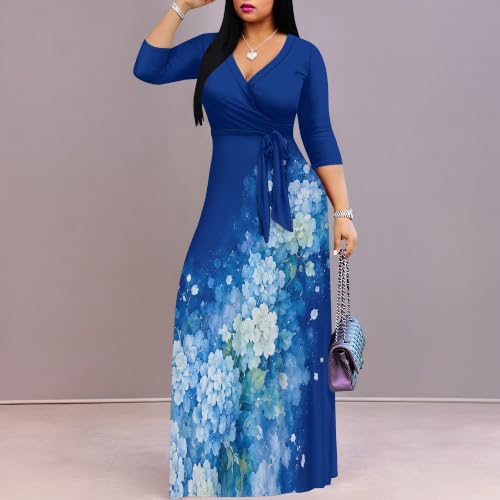 Image of Plus Size Maxi Dress for Women V Neck 3 /4 Sleeve Wrap Dress Blue S | Blue Floral Women's Maxi Dress for Mother's Day Wedding Women's Day