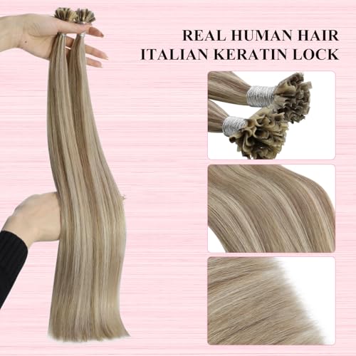 Image of YoungSee U Tips Hair Extensions Real Human Hair Brown to Blonde Pre Bonded Utip Hair Extensions Light Brown Highlight Blonde Human Hair K Tips Extension Highlight for Short Straight Hair 14In 50s /50g