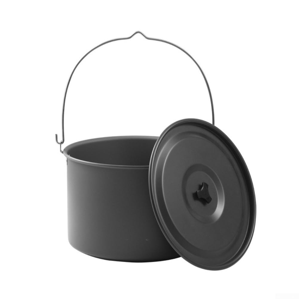Olla colgante de camping de 15 L con tapa y vaporizador, juego de utensilios de cocina de aleación de aluminio anodizado duro con tabla de cortar, mango resistente al calor para picnic al aire libre