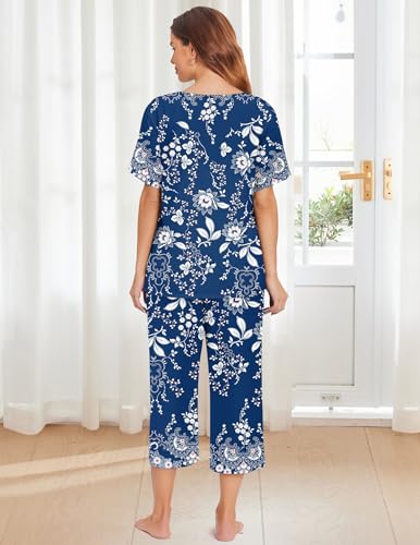 Image of Ekouaer Women's Two Piece Lounge Set Short Sleeve Shirt and Capri Pants Mumu Pajama with Pockets Loungewear Pjs Sets S-2XL