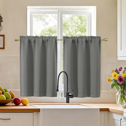 Simplebrand Light Grey Cafe Curtains Tier 36 Inch Length 2 Panels Set, Half Window Blackout Curtains...