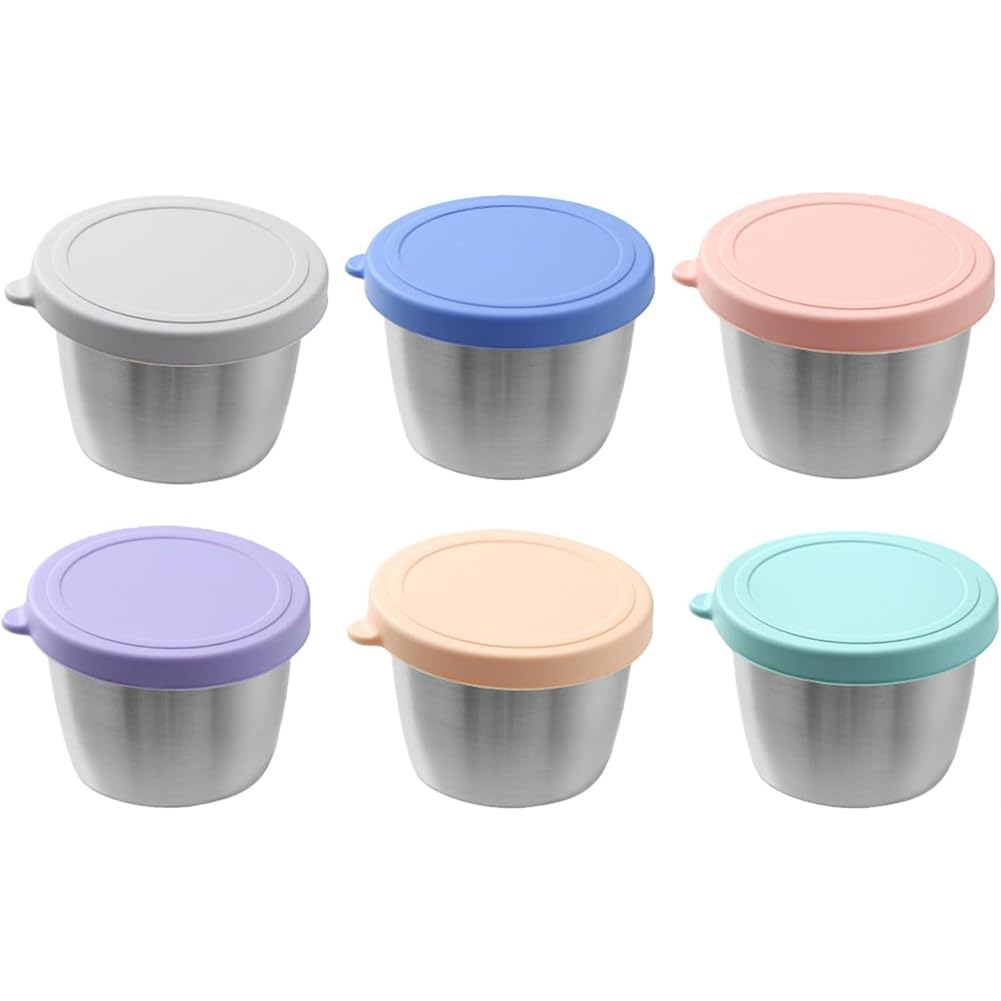 Hndhbfgrt Leakproof Lids Included 6-Pack 2.4 Oz Stainless Steel Salad Dressing Containers, Sauce Condiment Storage Bins