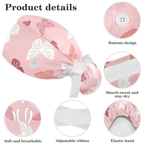 Image of Butterfly Scrub Cap Women with Ponytail & Buttons Adjustable Surgical Nurse Hat with Cotton Sweatband for Long Hair