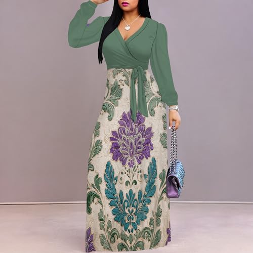 Image of Women's Plus Size Maxi Dresses Long Sleeves V Neck Floral Print Bohemian Swing Long Dress with Belt