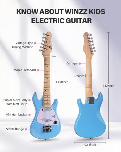 Image of Winzz 30 Inch Kids Electric Guitar Beginner Kit, Junior 1 /4 Size Mini Electric Guitar for Children Complete Stater Set with Amp, Gloosy Blue Colour