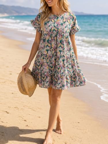 Image of Chuanqi Womens Ruffles Boho Floral Printed Babydoll Loose Swing Casual Short Mini T-Shirt Dress