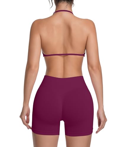 Women 2Piece Workout Sets Halter Sports Bra Gym Yoga shorts pilates Outfits - image 2