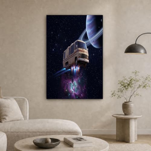 Art mural en toile Univers Saturne RV tableau de science-fiction spatial noir pour salon 70x100 cm