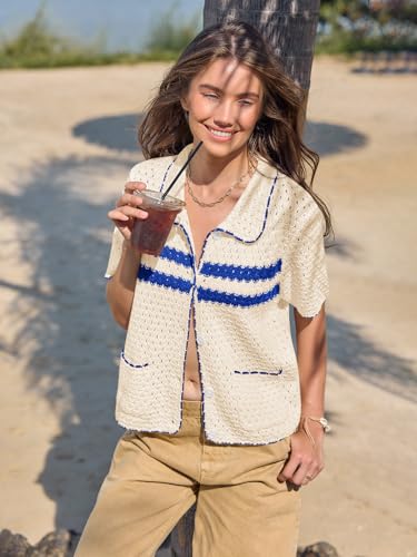 Image of Yousify Womens Casual Summer Short Sleeve Sweaters Button Down Crochet Knit Tops 2026 Loose Cute Cardigan Sweater