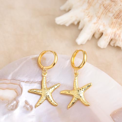 Image of Gold Starfish Mermaid Tail Dangle Drop Earrings for Women, Trendy Cute Pearl Fish Tail Shell Textured Hoop Dangling Earing Summer sea Beach Jewelry Gift.
