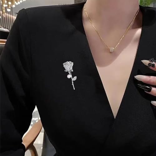 Image of Luxury Shiny Rhinestone Rose Flower Brooch Pins for Women Crystal Pearl Rose Floral Brooch Wedding Bridal Jewelry