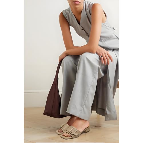 Image of Women's Slide Heeled Sandals Opened Square Toe Chunky Block Heel Slippers with Buckle Slip on Casual Comfortable Pumps