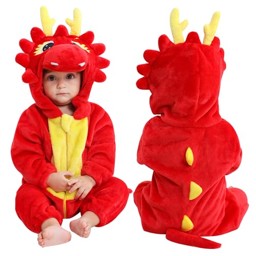 COOKY.D Bebé Animal con Capucha con Cremallera Mono Recién Nacido Niños Niñas Franela Niños Pequeños Ropa De Abrigo,Dragón 12 18 Meses