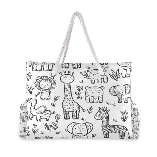 Doodle Animal (1) Beach Bag & Travel Tote Bag Large Sandproof with Zipper Closure, Wet Pouch for Swim Gym Travel, Lightweight Foldable Outdoor Bag2
