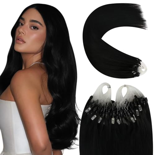 YoungSee Micro Hair Extensions Jet Black 20inch Micro Loop Hair Extensions Black Remy Micro Ring Hair Extensions Black for Girls Cold Fusion Tangle Less Long Lasting Natural 50s 50g