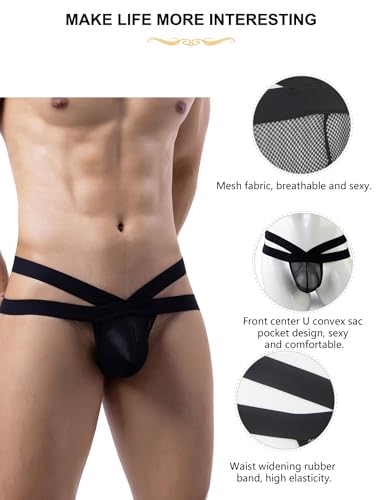 ohyeah Mens Thong Underwear with Pouch Sexy G-String Thongs T-Back Breathable Mesh Briefs Black, 6-122