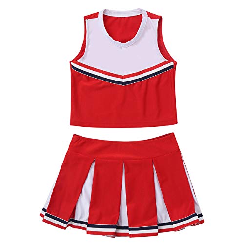 QinCiao Kids Girls Cheer Leader Uniform Cheerleading Costume School Musical Sleeveless Crop Top with Pleated Skirt Set Red 8