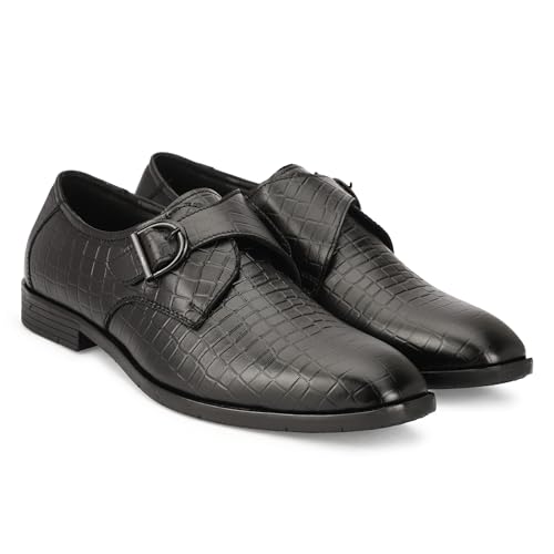 Image of Leatherful Single Monk Strap Shoe, Genuine Leather, Black, TPR Sole, Nappa Leather Lining