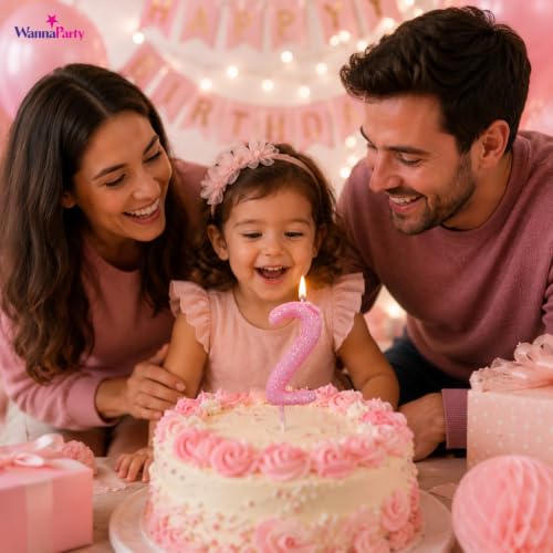 Image of Wanna Party Glitter Designer Pink Number 2 Birthday Candle, Numerical Cake Candle for 2nd Birthday, Cake Cutting, Party Decoration & Celebration Supplies - 1PC
