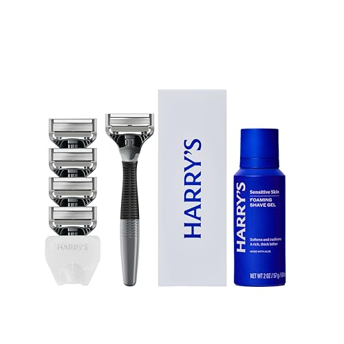 Harry's Original Shaving Kit for Men - Razor Handle, 5 Razor Blade Refills, Foaming Shave Gel, and Travel Blade Cover - German Engineered - Charcoal