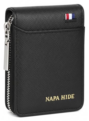 Image of NAPA HIDE Slim Zipper Card Holder Wallet for Men & Women | RFID Blocking Accordion Credit Card Case | Compact Cash & Card Organizer with Smooth Metal Zip (Black)
