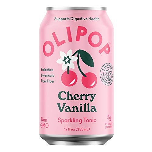 OLIPOP - Cherry Vanilla Sparkling Tonic, Healthy Soda, Prebiotic Soft Drink, Aids Digestive Health, Contains Prebiotics & 9g of Plant Fiber, Caffeine Free, Low Calorie, Low Sugar (12 oz, 12-Pack)
