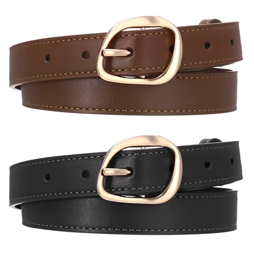 Women Leather Belt for Jeans Pants, 2 Pack Casual Waist Belt with Gold Buckle Fashion Ladies Waist Belt for Dresses,Jeans,and Shorts
