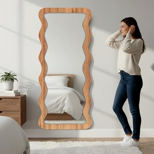 Image of Creative Arts n Frames 22 x 52 inch Full Length Dressing Chevel Long MDF Wood Zigzag Curvy Irregular Shape Framed HD Mirror Home Decor Items (Natural Iqurel Oak Light Zigzag2 Full Length Mirror)
