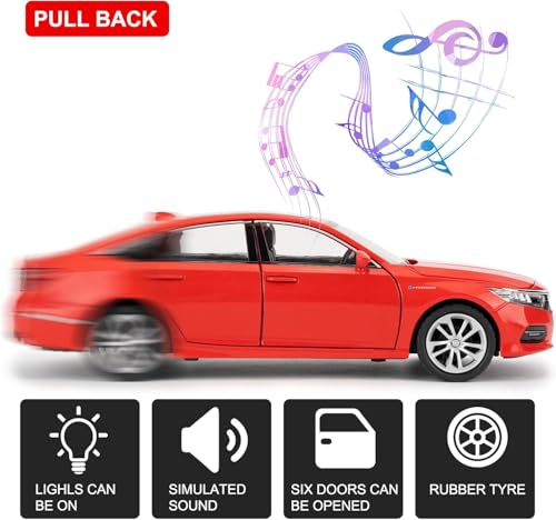 Image of Toy Cars Compatible for 1:24 Accord Model Car | Pull Back Die-Cast Alloy Vehicle with Lights & Sound | Openable Doors | Collectible Toy Car Gift for Kids Boys Girls & Adults (red)