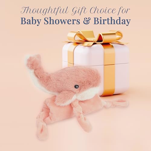 Image of MON AMI Coral Whale Plush Lovey for Babies | 13.5-Inch Knotted Security Blanket | Soft Plush Snuggle Toy for Babies | Perfect Newborn Essential for Birthdays & Baby Showers