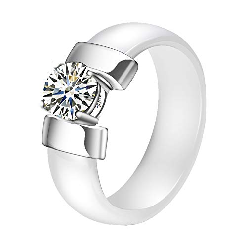 PAURO Zircon Engagement Mariage Band Bague Femme Céramique (Blanc Argent, 50)