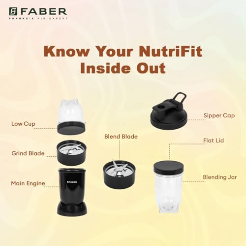 Image of Faber Sportz 2-in-1 Nutrifit Nero Blender Mixer Grinder - 550W, 100% Copper Motor, Detachable SS Blade, 500ML & 300ML Jars, Wet & Dry Grinding, Smoothie Maker, 2 Year Warranty