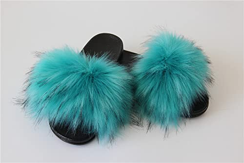 Image of MH Bailment Womens Furry Fluffy Slippers Faux Fur House Slippers Open Toe Fuzzy Slides Soft Flat Slip On Sandals for Indoor Outdoor
