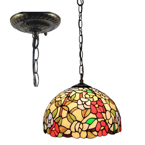 KKXXYQFC Lámpara Colgante Rojo Rosa Azul Naranja Floral vidrieras lámpara Colgante lámpara Vintage Flor Verde Hoja decoración del hogar lámpara Ancho 12 Altura 39 para Cocina, Beige