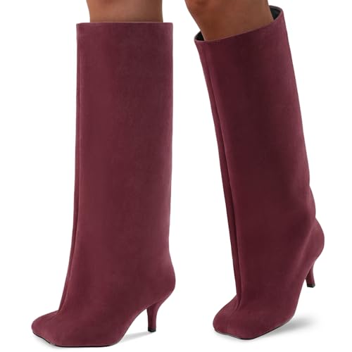 Oh Mispares Women's Nude Suede Knee High Boots - Square Toe Wide Calf Stiletto Low Heels - Fashionable Kitten Heel Pull-On Tall Winter Boots for Ladies 6