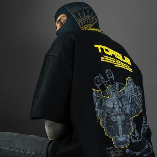 Image of TIIVRA Torque Black Biker Oversized Tshirt Half Sleeve for Men, Cotton, Drop Shoulder, Graphic Printed, Round Neck, High GSM, Back Printed, Black & Yellow Design