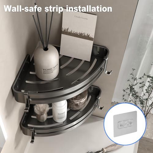 Image of Mustorn Bathroom Organiser Without Drill Wall Mounted Washroom Storage Organizer Adhesive Corner Bath Shelves Gray Bathroom Stand Rack Caddy for Shower Rust-proof with Towel Bar (2-Pack, Triangle)