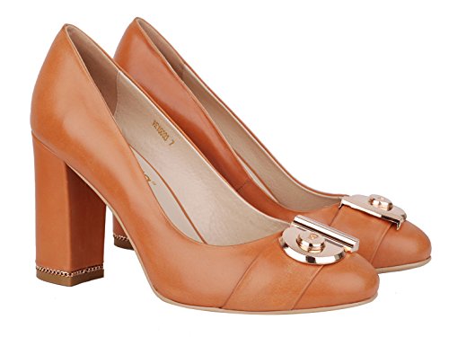 Women's Chunky Heel Ornament Decoration Genuine Leather Dress Pumps Shoes for Official Occasion4