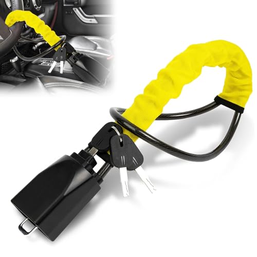 Ftemglo Blocca Sterzo Automobile, Doppio Dispositivo Antifurto per Auto, Bloccasterzo Auto con 3 Chiavi, Regolabile, Bloccasterzo Volante Cintura Sedile per SUV Auto, Roulotte, Giallo