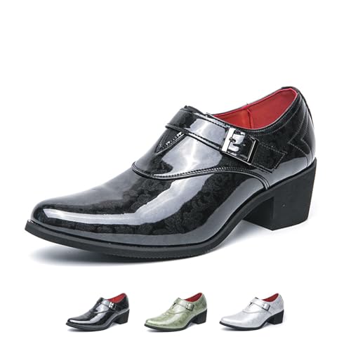 Men's Patent Leather Chunky Heel Dress Loafers with Buckle Strap Fashion Classic Cap Toe Low Top Block High Heel Slip On Oxford Shoes Casual Business Office Wedding Formal Shoes