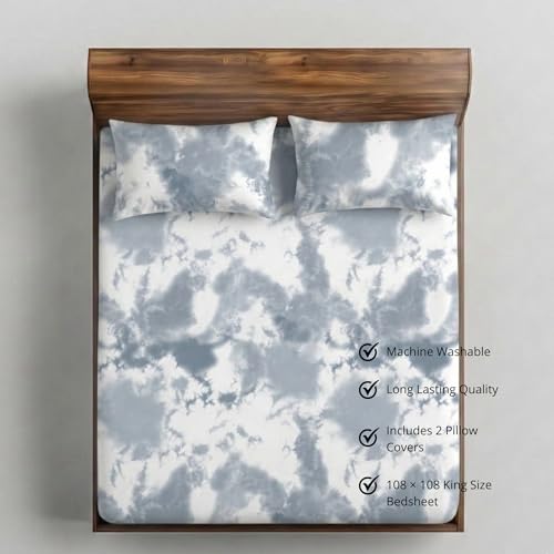 Image of VELOURA Tie-Dye Bedsheet Set, 100% Cotton, King Size 108x108 Inches, 300 Thread Count, with 2 Pillow Covers (Dark Blue)