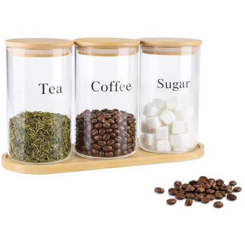 Hynorian Set de 3 Boîtes Hermétiques en Verre avec Couvercles en Bois pour Café, Sucre et Thé, Bocaux de Cuisine avec Étiquettes et Plateau