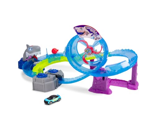 Dickie Toys Circuit de Course White Shark (50 x 55 x 32 cm) avec Voiture Jouet en métal - Autoroute de Requin motorisée avec Boucle, lumière et Son, Jouet pour Enfants à partir de 3 Ans