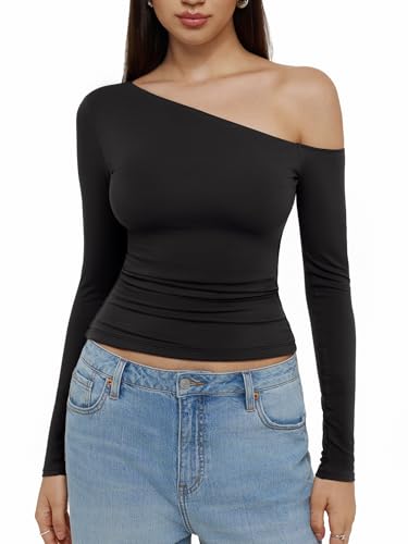 REORIA Womens 2025 Fall Fashion Long Sleeve Shirts Double Lined Casual Slim Fitted Off The Shoulder Tops2