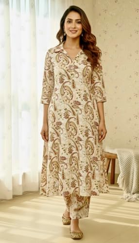 Image of Women's Cotton Blend A-line Printed Kurta with Palazzo Set | Officewear Kurta Set for Women