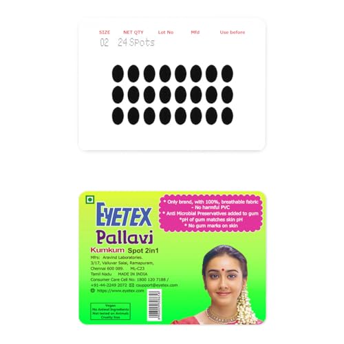 Image of Eyetex Pallavi Sticker Bindi /Pottu|Oval|Aloe Vera & Papaya Extracts|Breathable Non-Irritating Velvet Fabric|O2|Black|20 Flaps