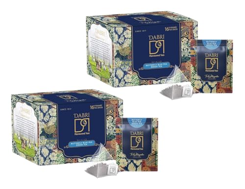 Image of Dabri Blue Flower Butterfly Pea Green Tea 32 Pyramid Dip Tea Bags|Pack of 2 x 16 Bags Each|Natural Loose Leaves with Blue Flower Herbal Blend|Farm Fresh|Rich in Antioxidants|Support Hair, Skin Health