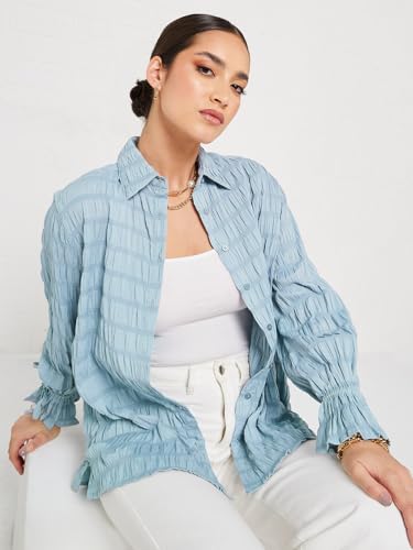 Image of Styli Women Oversized Long Length Textured Shirt | Stylish Casual Shirt for Women | Comfortable Tops | Perfect for Office, Travel & Daily Outfits