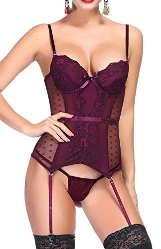 Bslingerie Women Choker Corset with Suspenders Set (Red - Semi Sheer, L)